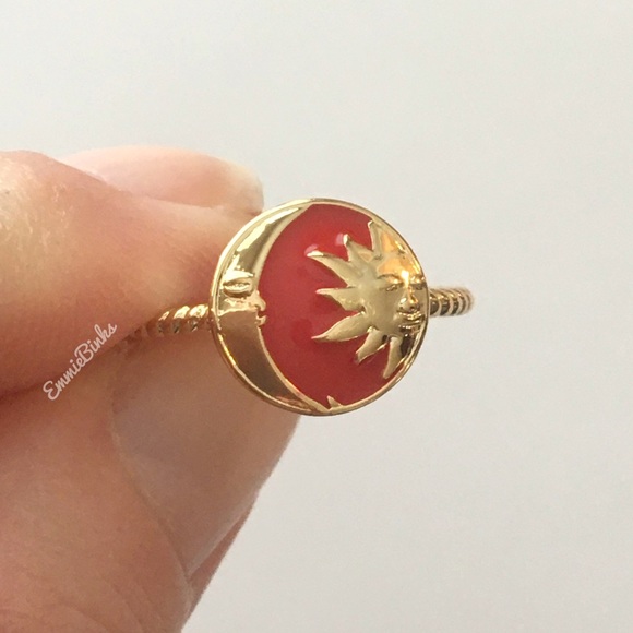 New Gold Dipped Red Enamel Sun & Moon Textured Cuff Ring / Red & Gold Boho Vibes - Picture 8 of 15